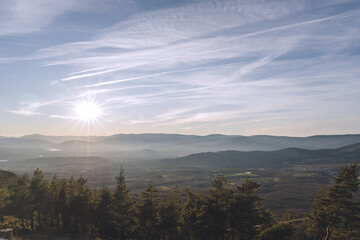 Sunset from the port of la puebla where we can see the valley and high mountains. Community of Madrid, Spain