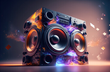 Isolated music reproductor with abstract power of sound. Postproducted generative AI digital illustration.