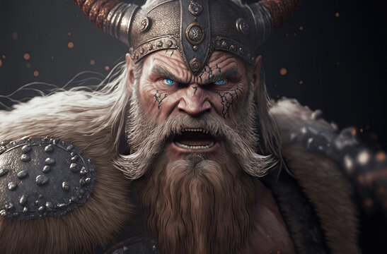 Portrait of angry old viking warior at war shout. Postproducted generative AI digital illustration.