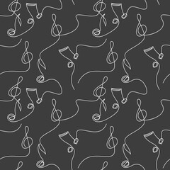 Vector music notes and treble clef seamless pattern. Abstract outline backdrop illustration. Wallpaper, graphic background, fabric, textile, print, wrapping paper or package design. Musical concept.