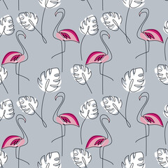 Vector pink flamingo with monstera plant leaves seamless line pattern. Linear hand drawn outline botanical illustration. Wallpaper, graphic background, fabric, print, wrapping paper or package design.