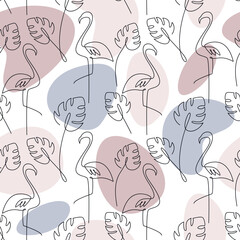 Abstract outline flamingo with monstera plant leaves seamless pattern. Linear hand drawn botanical illustration. Line drawing. Wallpaper, graphic background, fabric, print, wrapping paper design.