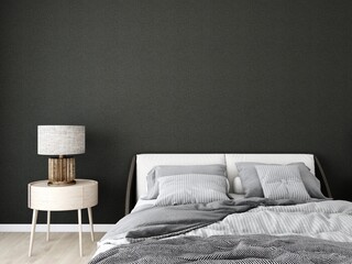 Wall mockup of a bedroom with black wall, bed and table lamp. 3d rendering, interior design, 3d illustration