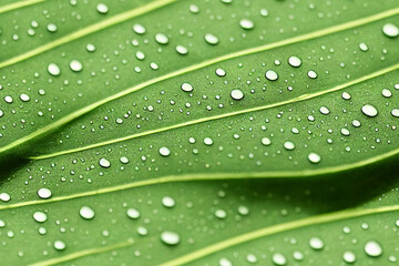 Vertical shot of tropical leaf with rain water abstract design  Generative AI