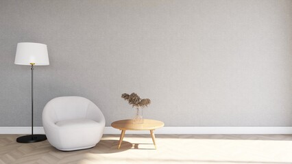 Living room with gray walls, lamp and ornamental plant. 3d rendering, interior design, 3d illustration