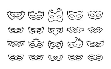 Set of outline carnival masks. Simple linear icons of masquerade masks, for party, parade and carnival, for Mardi Gras and Halloween. Line art mask element can be used as isolated sign or symbol.