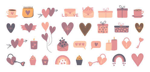 Valentines Day vector collection. Romantic love icons in flat cartoon style. Valentine's day cute illustration set. Gift box, heart, balloons, pancake, rainbow, envelope and others decorative elements
