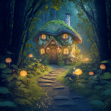 Cute fairy tail dwarf house in the forrest with mushrooms. AI generated illustration