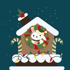  Card with Gingerbread House  Bunny and decoration Christmas Wreath, Candy Canes, Christmas lights, and Holly
