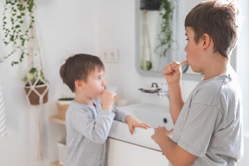Obraz premium Brother morning fun male kids cleaning teeth toothbrush in front of mirror sink at bathroom