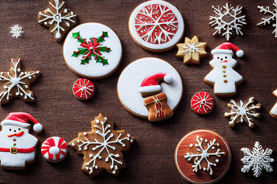 beautiful and delicious christmas cookies, on top of a wooden table.