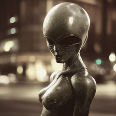 An alien girl in the night city. AI Art.