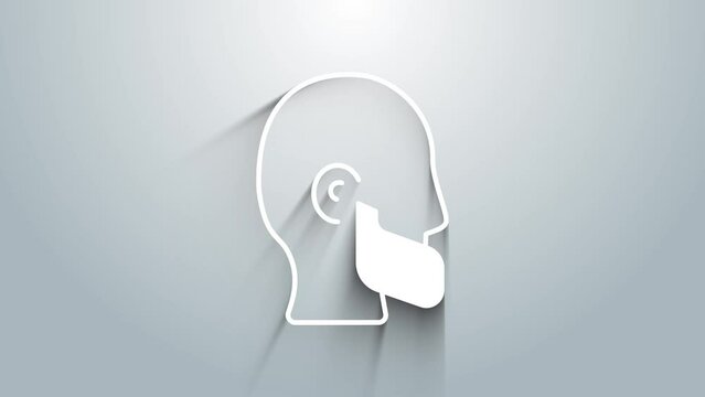 White Mustache and beard icon isolated on grey background. Barbershop symbol. Facial hair style. 4K Video motion graphic animation