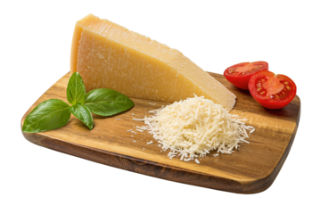 Whole and grated parmesan on a cutting board cutout. Grana padano wedge, grated cheese, basil and halved tomato on a wooden shopping board isolated on a white background. Dairy product.