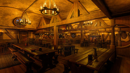Dark moody medieval tavern bar interior with food and drink on tables. Open fire burning across the room. 3D illustration.