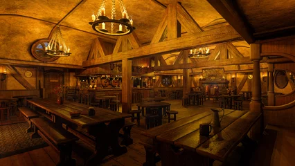 Fotobehang Dark moody medieval tavern bar interior with food and drink on tables. Open fire burning across the room. 3D illustration. © IG Digital Arts