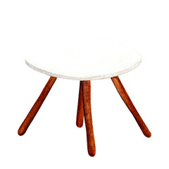 Coffee table. Watercolor illustration interior of living room with sofa, pillows, decor. Clipart. Home decor elements on a white background.