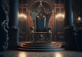 Obraz premium Very decorated empty throne in the castle hall. Postproducted generative AI digital illustration.