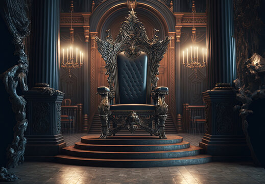 Very decorated empty throne in the castle hall. Postproducted generative AI digital illustration.