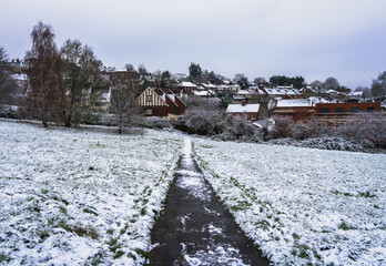 Houses covered with snow at Harrow on the Hill London England