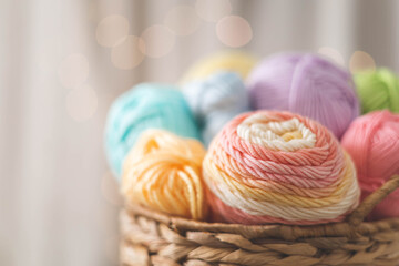 Cozy homely atmosphere. Female hobby knitting. Yarn pastel multicolor in a basket. 