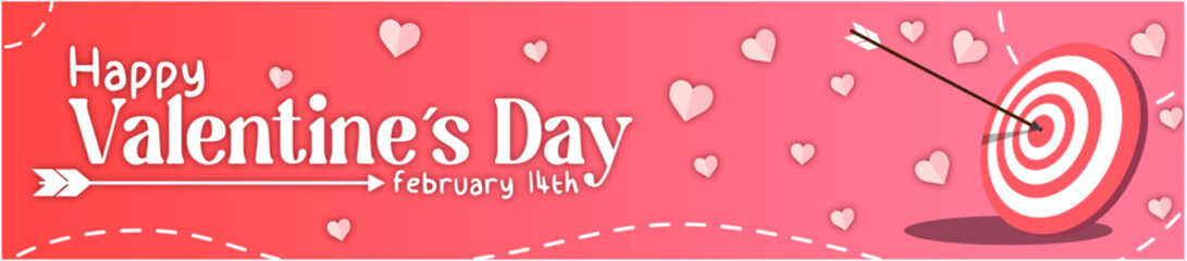 Panoramic red banner with typographic design of happy valentine, hearts and an arrow hitting the target.