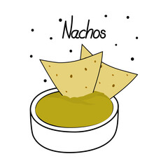 Mexican Corn chips Nachos with Guacamole sauce green hue in a saucer and inscription of the Nachos.