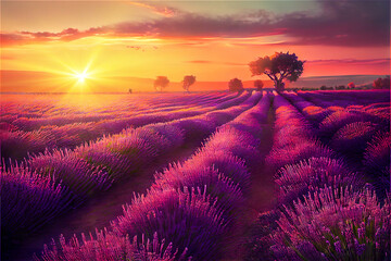 Lavender field at sunrise or sunset with golden light and soft purple colors - obrazy, fototapety, plakaty