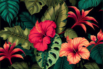 lush vegetation and hibiscus flower patter ideal for tropical and exotic backgrounds - obrazy, fototapety, plakaty