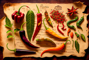peppers and chiles collection in a vintage setting herbarium style with copy space - obrazy, fototapety, plakaty