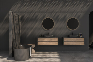 Modern minimalist bathroom interior, modern bathroom cabinets, double black sink, wooden vanity, interior plants, bathroom accessories, bathtub, black walls, concrete floor. 3d rendering