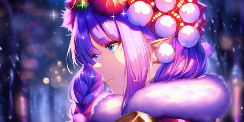 Christmas anime elf girl with purple decorated hairstyle in profile - obrazy, fototapety, plakaty