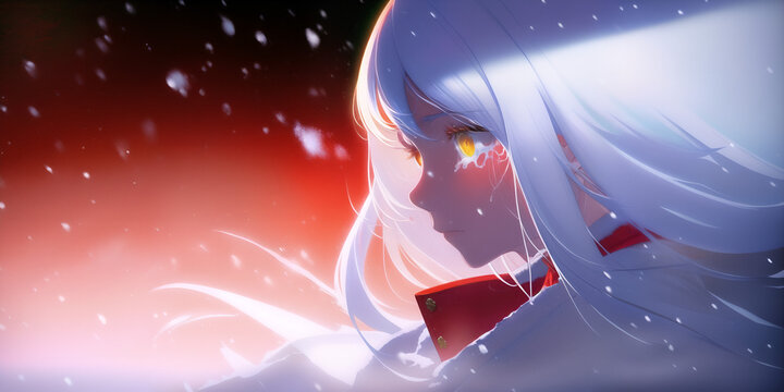 The Female Anime Version Of Santa Claus Is Crying And Her Tears Are Frozen. Red Empty Background