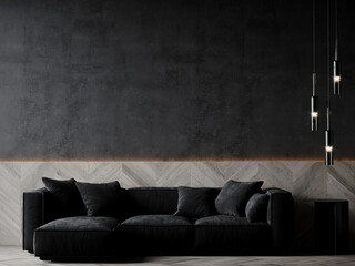 Living room minimalist style. Dark interior room design. Black sofa and plaster stucco empty wall. Background with panel herringbone. 3d render