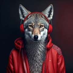 portrait of a wolf with jackets and red headphones - Generative AI - obrazy, fototapety, plakaty