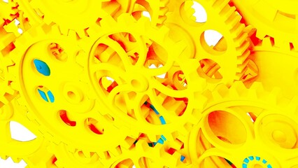 Obraz premium Mechanism yellow metallic gears and cogs at work under white spot lighting background. Industrial machinery. 3D illustration. 3D high quality rendering. 3D CG.
