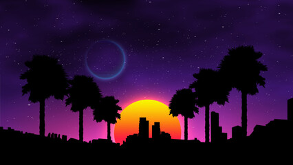 Waporwave retro sunset with palms on the beach. Neon landscape futuristic galaxy background.