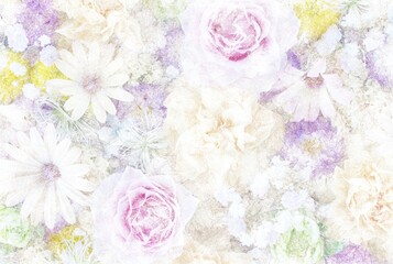 Sketch of colorful flowers. Botanical illustration made of drawings and blurs. 