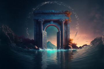 the light of evden a portal ancient gate in the middle of the waters, waters in the celestial sphere of peace, neverland dreamy cosmic beings surrounding in naturef 3d rendering