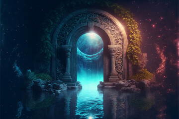 the light of evden a portal ancient gate in the middle of the waters, waters in the celestial sphere of peace, neverland dreamy cosmic beings surrounding in naturef 3d rendering