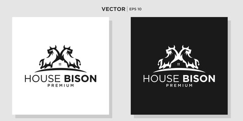 unique combination bull horn and house logo template. bull horn vector logo design.
