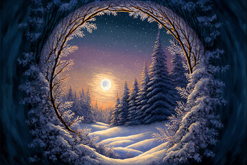 Winter Soltice Greeting Card looking through a wreath window onto the moon lighting a snowy landscape of hills and trees Generative AI