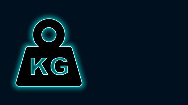 Glowing neon line Weight icon isolated on black background. Kilogram weight block for weight lifting and scale. Mass symbol. 4K Video motion graphic animation