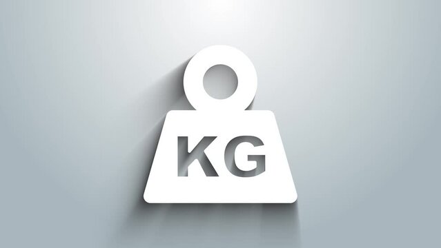 White Weight icon isolated on grey background. Kilogram weight block for weight lifting and scale. Mass symbol. 4K Video motion graphic animation