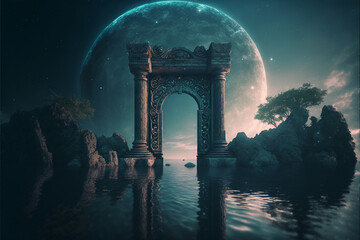 Naklejka premium the light of evden a portal ancient gate in the middle of the waters, waters in the celestial sphere of peace, neverland dreamy cosmic beings surrounding in naturef 3d rendering