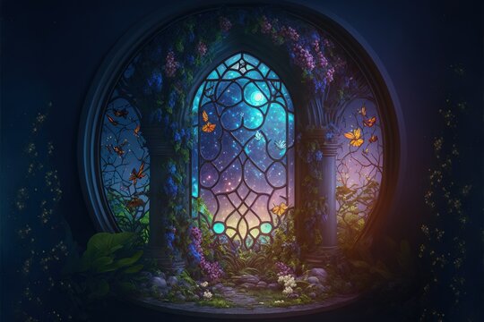 A stained glass portal to a fantasy world