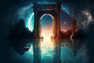 the light of evden a portal ancient gate in the middle of the waters, waters in the celestial sphere of peace, neverland dreamy cosmic beings surrounding in naturef 3d rendering
