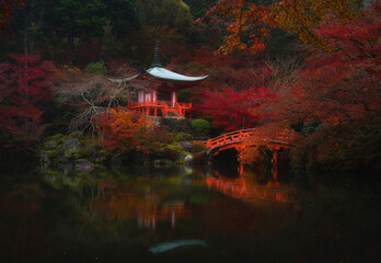 Naklejka premium Ancient temple in Japan in peak fall