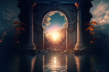 the light of evden a portal ancient gate in the middle of the waters