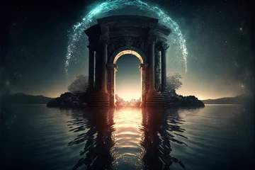 Fotobehang the light of evden a portal ancient gate in the middle of the waters © Freya